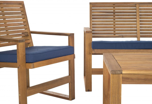 Safavieh Ozark Outdoor Living Set 4 Piece Brown Navy Acacia Wood Polyester Foam Galvanized Steel FOX6007C 683726808879