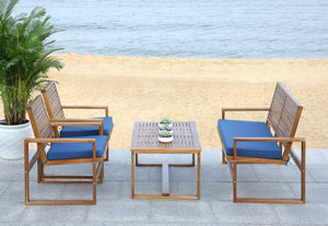 Safavieh Ozark Outdoor Living Set 4 Piece Brown Navy Acacia Wood Polyester Foam Galvanized Steel FOX6007C 683726808879