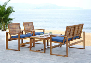 Safavieh Ozark Outdoor Living Set 4 Piece Brown Navy Acacia Wood Polyester Foam Galvanized Steel FOX6007C 683726808879