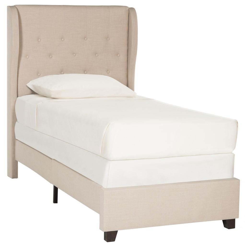 Safavieh Blanchett Bed Full Light Beige and Espresso Plywood Rubberwood Linen Iron Stainless Steel FOX6213A-F 889048012851