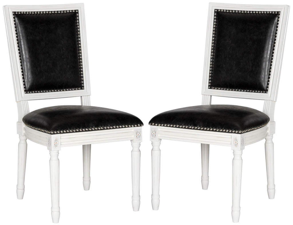 Safavieh - Set of 2 - Buchanan Side Chair 19''H French Brasserie Leather Rect Nail Heads Black Cream Rubberwood Foam Iron PU FOX6229E-SET2 889048034624