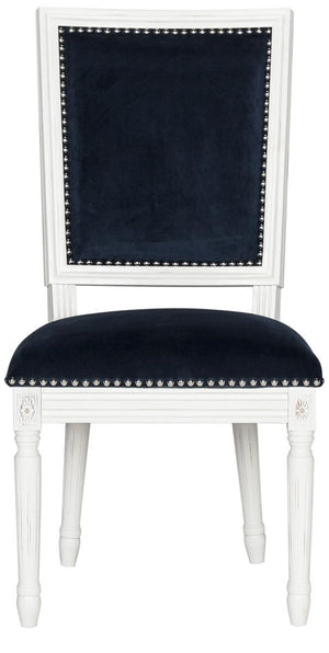 Safavieh - Set of 2 - Buchanan Side Chair 19''H French Brasserie Velvet Rect Nail Heads Navy Cream Rubberwood Foam Iron FOX6229F-SET2 889048034631