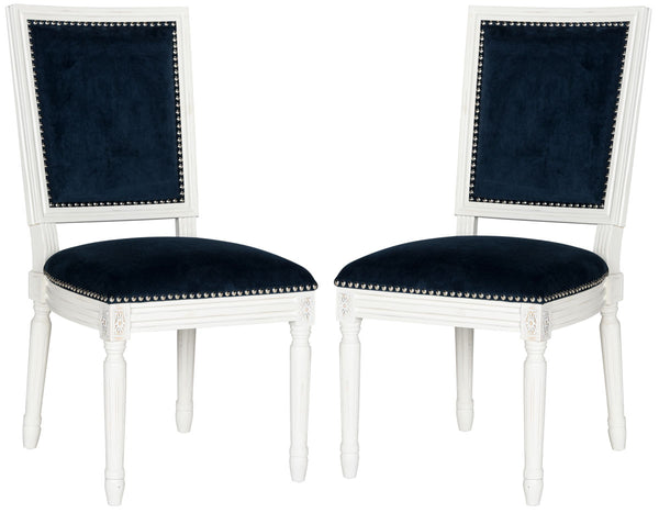 Safavieh - Set of 2 - Buchanan Side Chair 19''H French Brasserie Velvet Rect Nail Heads Navy Cream Rubberwood Foam Iron FOX6229F-SET2 889048034631