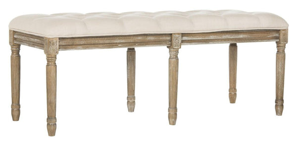 Safavieh Rocha Bench 19''H French Brasserie Tufted Traditional Rustic Beige Oak NC Coating Rubberwood Foam Linen FOX6231A 889048067462