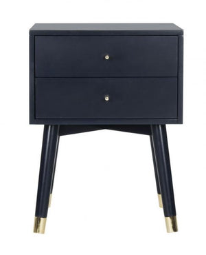 Safavieh Lyla Nightstand Mid Century Retro Cap Navy Gold NC Coating Rubberwood MDF Iron FOX6234A 889048092648