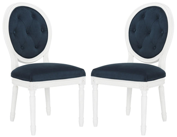 Safavieh - Set of 2 - Holloway Side Chair Tufted Oval Navy White NC Coating Rubberwood Foam Velvet FOX6235A-SET2 889048286894