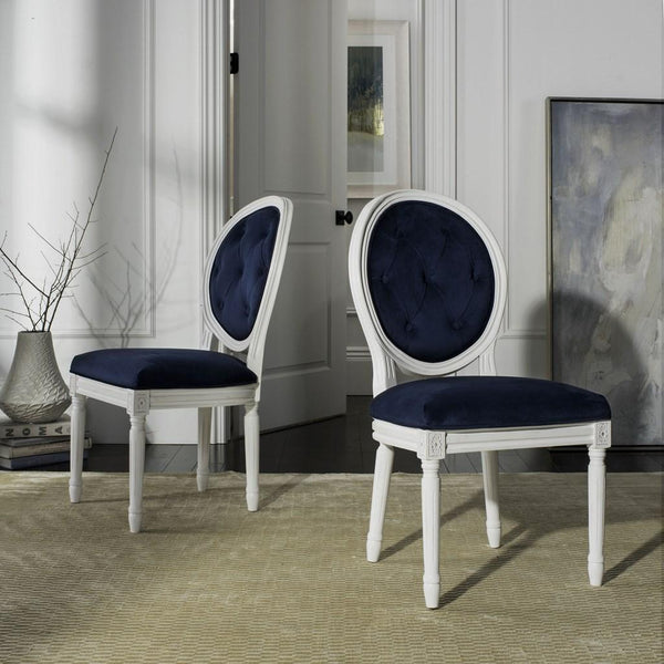 Safavieh - Set of 2 - Holloway Side Chair Tufted Oval Navy White NC Coating Rubberwood Foam Velvet FOX6235A-SET2 889048286894