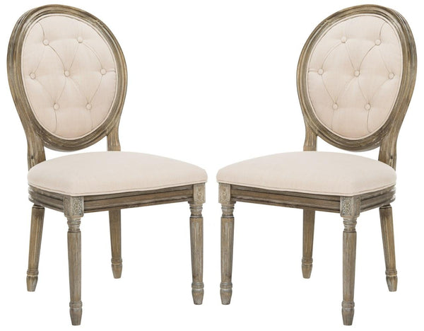 Safavieh - Set of 2 - Holloway Side Chair Tufted Oval Beige Rustic Oak NC Coating Rubberwood Foam Linen FOX6235B-SET2 889048237421
