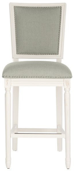 Safavieh - Set of 2 - Buchanan Bar Stool Rectangle Light Grey Cream Distressed White Plywood Rubberwood Foam Nickel Linen FOX6246A-SET2 889048299115