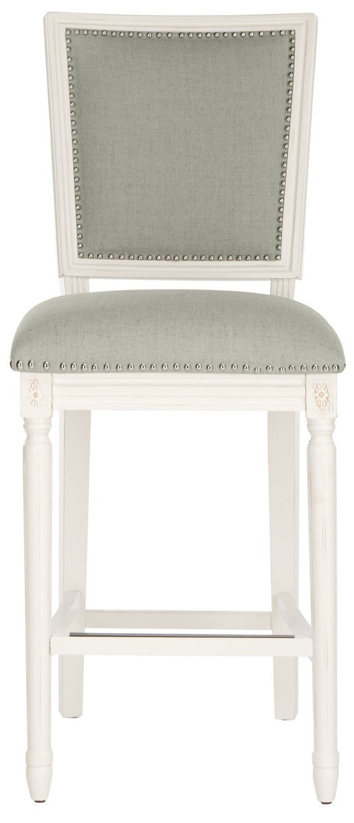 Safavieh - Set of 2 - Buchanan Bar Stool Rectangle Light Grey Cream Distressed White Plywood Rubberwood Foam Nickel Linen FOX6246A-SET2 889048299115
