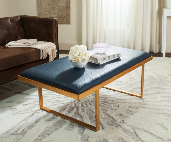 Safavieh Millie Bench Coffee Table Loft Navy Gold Wood MDF Foam Iron PU FOX6251B 889048146914
