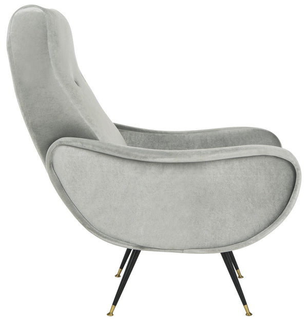 Safavieh Elicia Accent Chair Velvet Retro Mid Century Light Grey Wood Eucalyptus Foam Iron Polyester FOX6260A 889048216037
