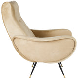 Safavieh Elicia Accent Chair Velvet Retro Mid Century Camel Wood Eucalyptus Foam Iron Polyester FOX6260B 889048216044