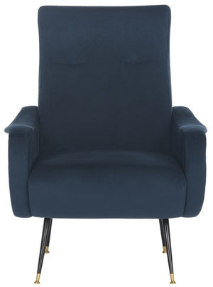 Safavieh Elicia Accent Chair Velvet Retro Mid Century Navy Wood Eucalyptus Foam Iron Polyester FOX6260C 889048216051