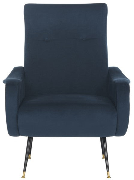 Safavieh Elicia Accent Chair Velvet Retro Mid Century Navy Wood Eucalyptus Foam Iron Polyester FOX6260C 889048216051
