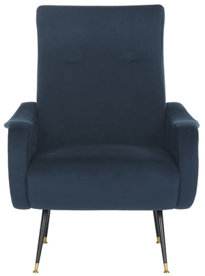 Safavieh Elicia Accent Chair Velvet Retro Mid Century Navy Wood Eucalyptus Foam Iron Polyester FOX6260C 889048216051