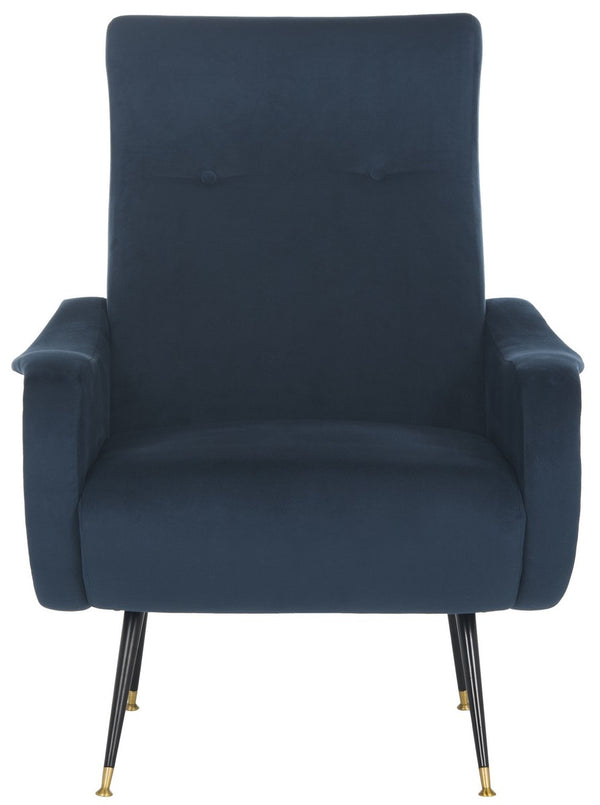 Safavieh Elicia Accent Chair Velvet Retro Mid Century Navy Wood Eucalyptus Foam Iron Polyester FOX6260C 889048216051