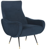 Safavieh Elicia Accent Chair Velvet Retro Mid Century Navy Wood Eucalyptus Foam Iron Polyester FOX6260C 889048216051