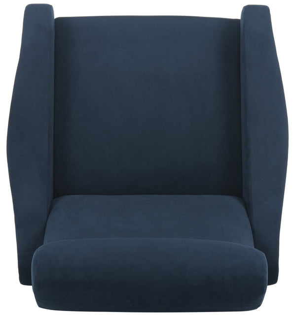 Safavieh Elicia Accent Chair Velvet Retro Mid Century Navy Wood Eucalyptus Foam Iron Polyester FOX6260C 889048216051