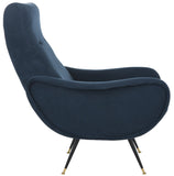 Safavieh Elicia Accent Chair Velvet Retro Mid Century Navy Wood Eucalyptus Foam Iron Polyester FOX6260C 889048216051