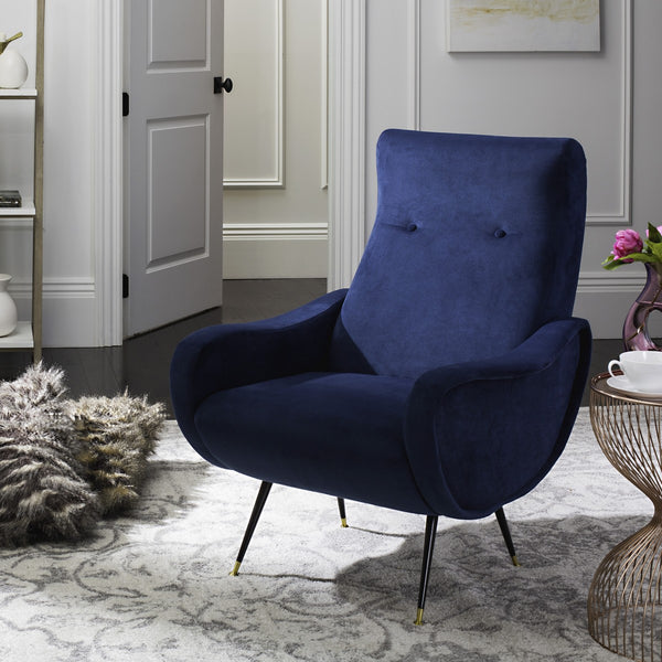 Safavieh Elicia Accent Chair Velvet Retro Mid Century Navy Wood Eucalyptus Foam Iron Polyester FOX6260C 889048216051