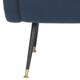 Safavieh Elicia Accent Chair Velvet Retro Mid Century Navy Wood Eucalyptus Foam Iron Polyester FOX6260C 889048216051