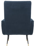 Safavieh Elicia Accent Chair Velvet Retro Mid Century Navy Wood Eucalyptus Foam Iron Polyester FOX6260C 889048216051