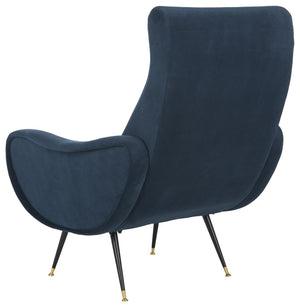 Safavieh Elicia Accent Chair Velvet Retro Mid Century Navy Wood Eucalyptus Foam Iron Polyester FOX6260C 889048216051