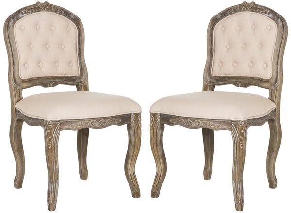 Safavieh - Set of 2 - Eloise Dining Chair 20''H French Leg Beige Rustic Oak NC Coating Rubberwood Foam Iron Linen Polyester FOX6264A-SET2 889048225176