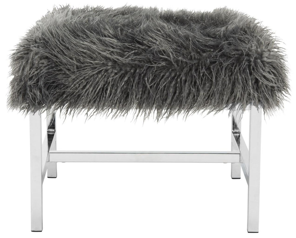 Safavieh Horace Bench Faux Sheepskin Square Grey Wood Chrome Plated 12Mm MDF Foam Iron FOX6266A 889048218802