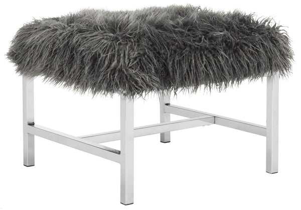 Safavieh Horace Bench Faux Sheepskin Square Grey Wood Chrome Plated 12Mm MDF Foam Iron FOX6266A 889048218802