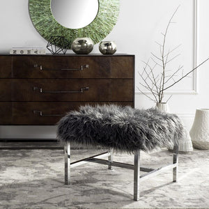 Safavieh Horace Bench Faux Sheepskin Square Grey Wood Chrome Plated 12Mm MDF Foam Iron FOX6266A 889048218802