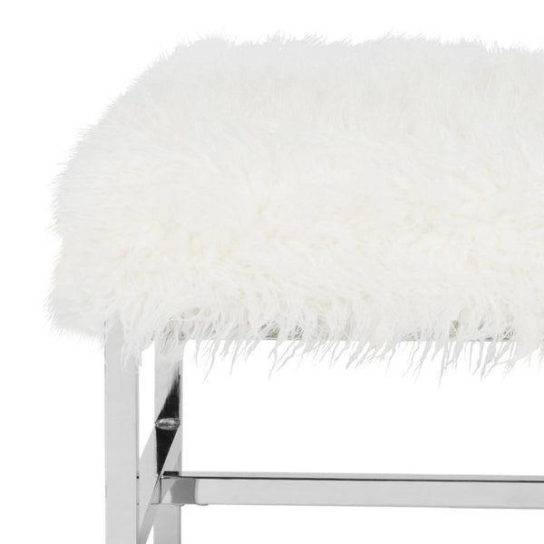 Safavieh Horace Bench Faux Sheepskin Square White Wood Chrome Plated 12Mm MDF Foam Iron FOX6266B 889048210912