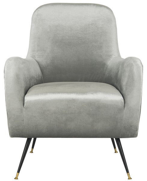 Safavieh Noelle Accent Chair Velvet Retro Mid Century Light Grey Wood Eucalyptus Foam Iron Polyester FOX6269A 889048219465