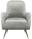 Safavieh Noelle Accent Chair Velvet Retro Mid Century Light Grey Wood Eucalyptus Foam Iron Polyester FOX6269A 889048219465