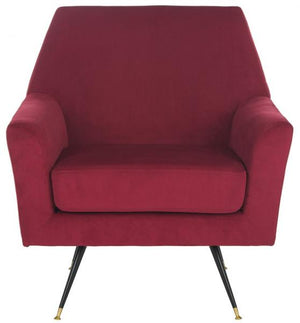 Safavieh Nynette Accent Chair Velvet Retro Mid Century Maroon Wood Eucalyptus Foam Iron Polyester FOX6270A 889048219489