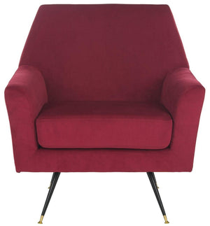 Safavieh Nynette Accent Chair Velvet Retro Mid Century Maroon Wood Eucalyptus Foam Iron Polyester FOX6270A 889048219489