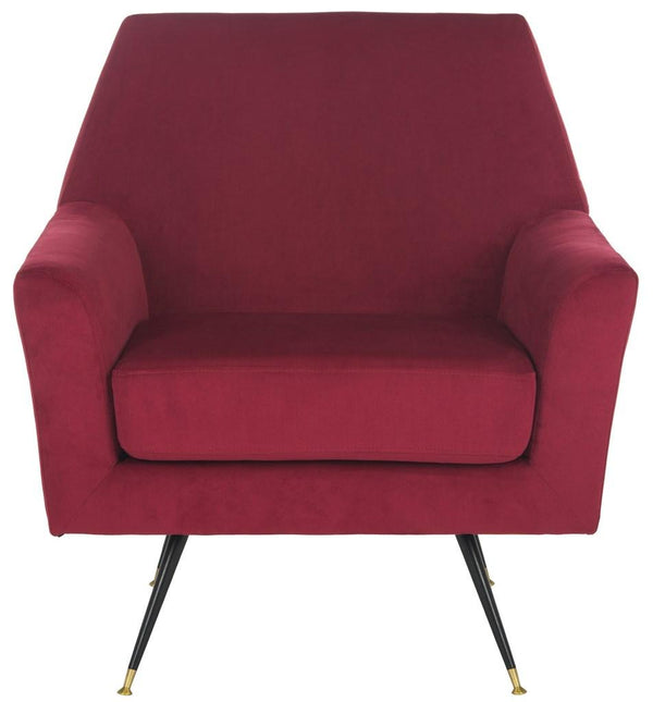 Safavieh Nynette Accent Chair Velvet Retro Mid Century Maroon Wood Eucalyptus Foam Iron Polyester FOX6270A 889048219489