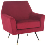 Safavieh Nynette Accent Chair Velvet Retro Mid Century Maroon Wood Eucalyptus Foam Iron Polyester FOX6270A 889048219489