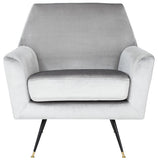 Safavieh Nynette Accent Chair Velvet Retro Mid Century Light Grey Wood Eucalyptus Foam Iron Polyester FOX6270B 889048219496