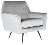 Safavieh Nynette Accent Chair Velvet Retro Mid Century Light Grey Wood Eucalyptus Foam Iron Polyester FOX6270B 889048219496