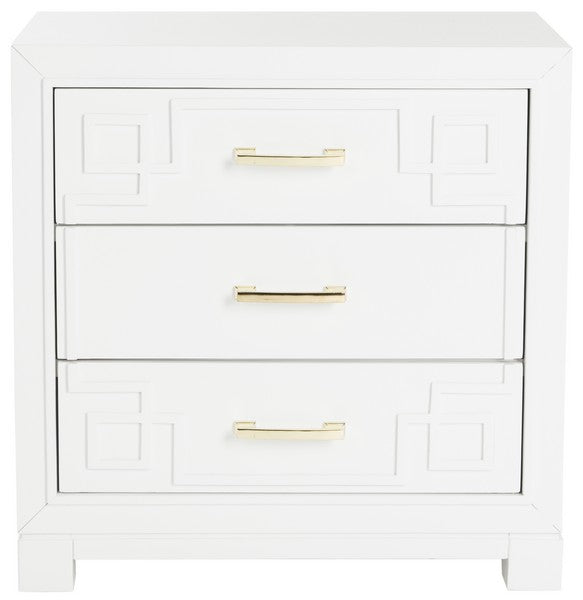 Safavieh Raina Night Stand Three Drawer Greek Key White NC Coating Rubberwood Iron FOX6278A 889048220621