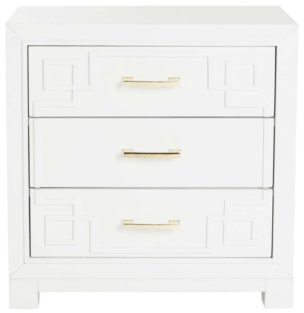 Safavieh Raina Night Stand Three Drawer Greek Key White NC Coating Rubberwood Iron FOX6278A 889048220621