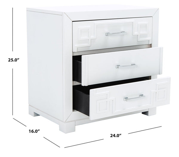 Raina Three Drawer Greek Key Night Stand  White/Silver Wood FOX6278F