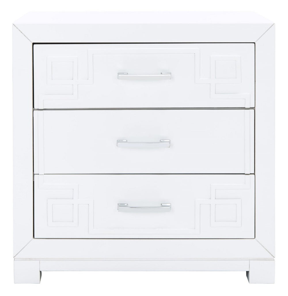 Raina Three Drawer Greek Key Night Stand  White/Silver Wood FOX6278F