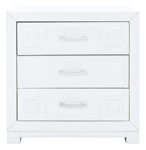 Raina Three Drawer Greek Key Night Stand  White/Silver Wood FOX6278F