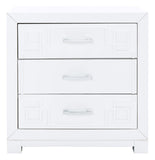 Raina Three Drawer Greek Key Night Stand  White/Silver Wood FOX6278F