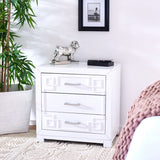 Raina Three Drawer Greek Key Night Stand  White/Silver Wood FOX6278F