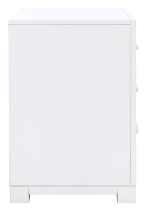 Raina Three Drawer Greek Key Night Stand  White/Silver Wood FOX6278F