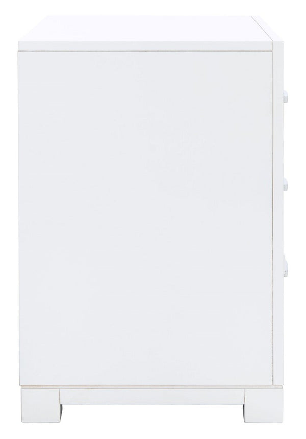 Raina Three Drawer Greek Key Night Stand  White/Silver Wood FOX6278F